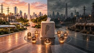 Urna electoral con el mapa de Argentina entre dos versiones de la misma infraestructura energética, una cuidada y luminosa, la otra deteriorada y bajo tormenta