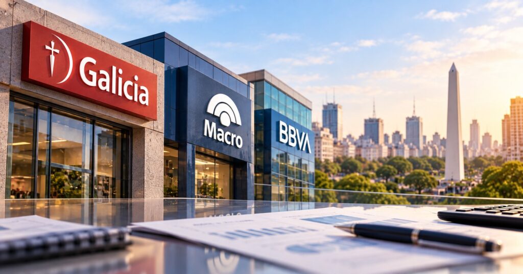 Fachadas de Galicia, Macro y BBVA con el Obelisco de fondo y un informe con gráficos sobre la mesa