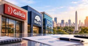 Fachadas de Galicia, Macro y BBVA con el Obelisco de fondo y un informe con gráficos sobre la mesa