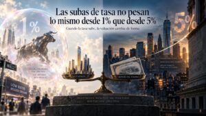Ilustración partida en dos mitades, la del 1% con un toro dentro de una burbuja sobre Wall Street y la del 5% con una ciudad al amanecer, y en el centro una balanza que compara acciones contra bonos del Tesoro