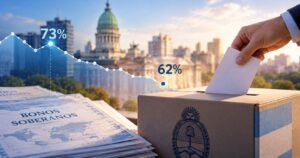 Urna electoral junto a una pila de bonos soberanos, con una curva que baja de 73% a 62% frente al Congreso de la Nación