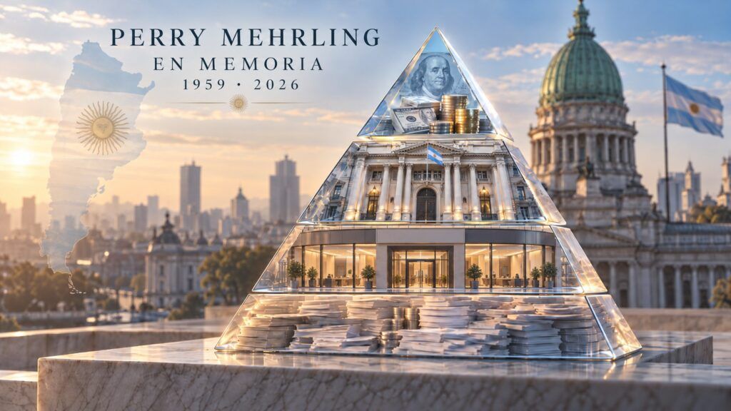 Pirámide de cristal con dólares en el vértice, el Banco Central, un banco y títulos en la base, con el texto Perry Mehrling, en memoria, 1959-2026, y el Congreso de la Nación de fondo